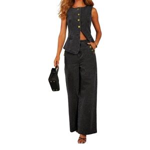 2 piece Denim set button sleeveless jean vest denim set top Y2k shirt wide let